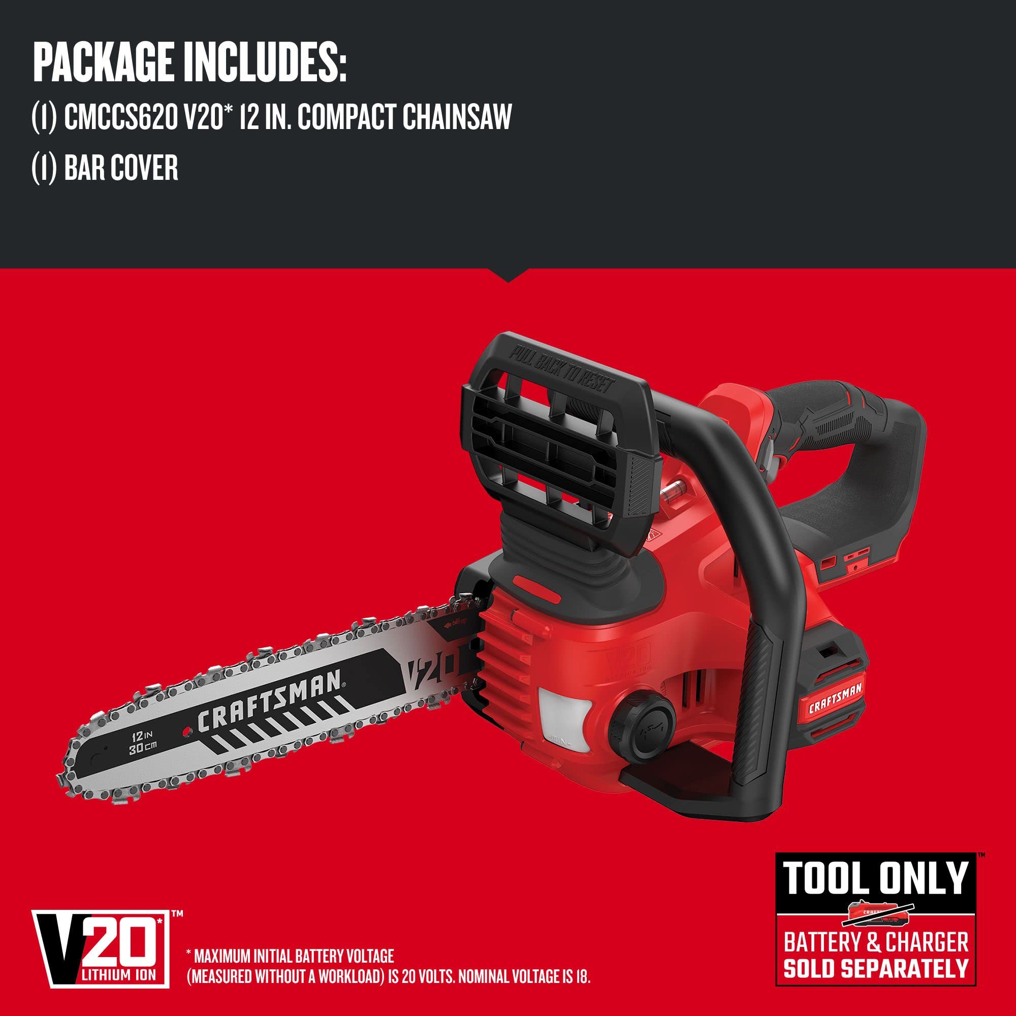 Craftsman V20 mini chainsaw auto-oiling aids smooth operation during longer cuts.