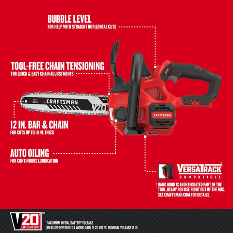 Craftsman V20 mini chainsaw battery not included; lightweight mobility for quick tasks.