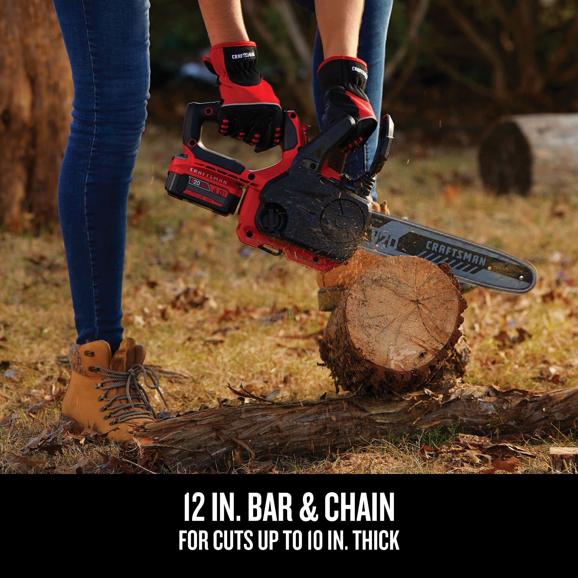 Craftsman V20 mini chainsaw cutting in tight spaces with precise control.