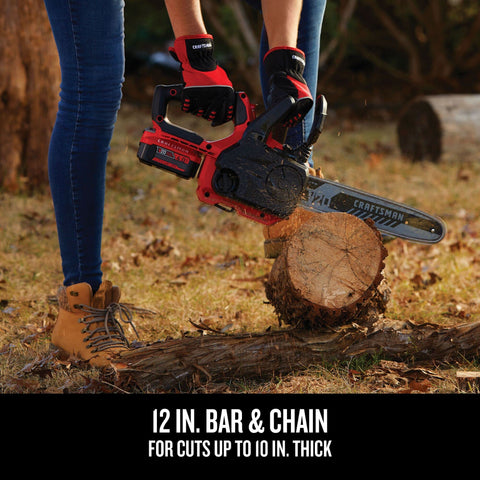 Craftsman V20 mini chainsaw cutting in tight spaces with precise control.