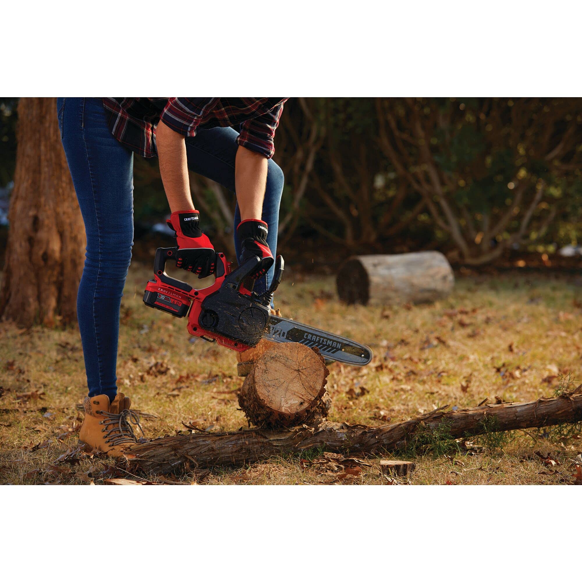 Craftsman V20 mini chainsaw tool-only CMCCS620B enables simple battery swaps.