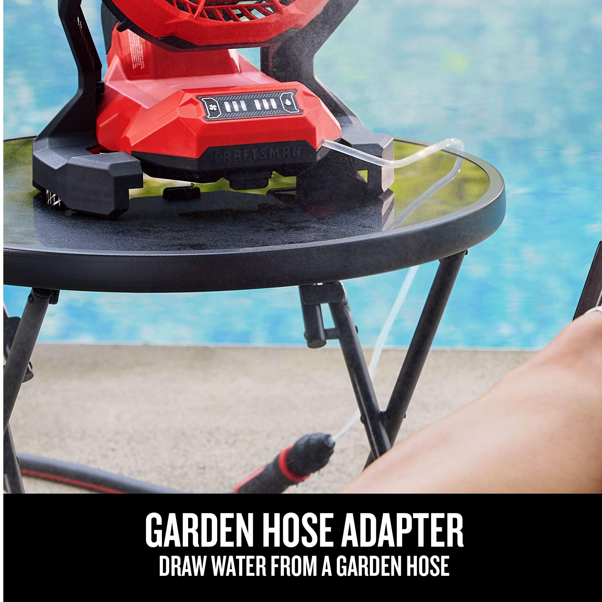 CRAFTSMAN V20 compact and portable misting fan on the go.