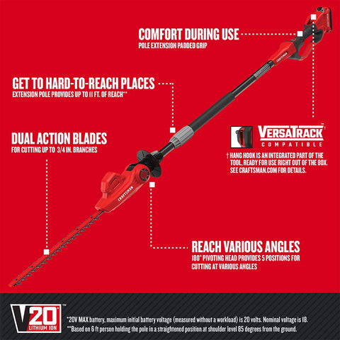 Craftsman V20 pole hedge trimmer pivot head 180 degrees for versatile angles.