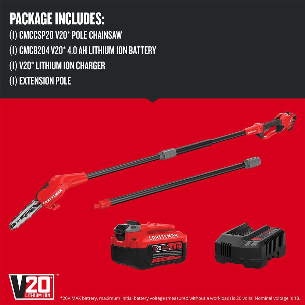 CRAFTSMAN V20 pole saw angled head and blade for precise cuts.
