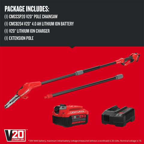 CRAFTSMAN V20 pole saw angled head and blade for precise cuts.