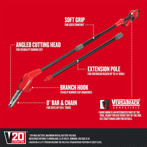 CRAFTSMAN V20 pole saw soft grip handle enhances maneuverability during trimming.