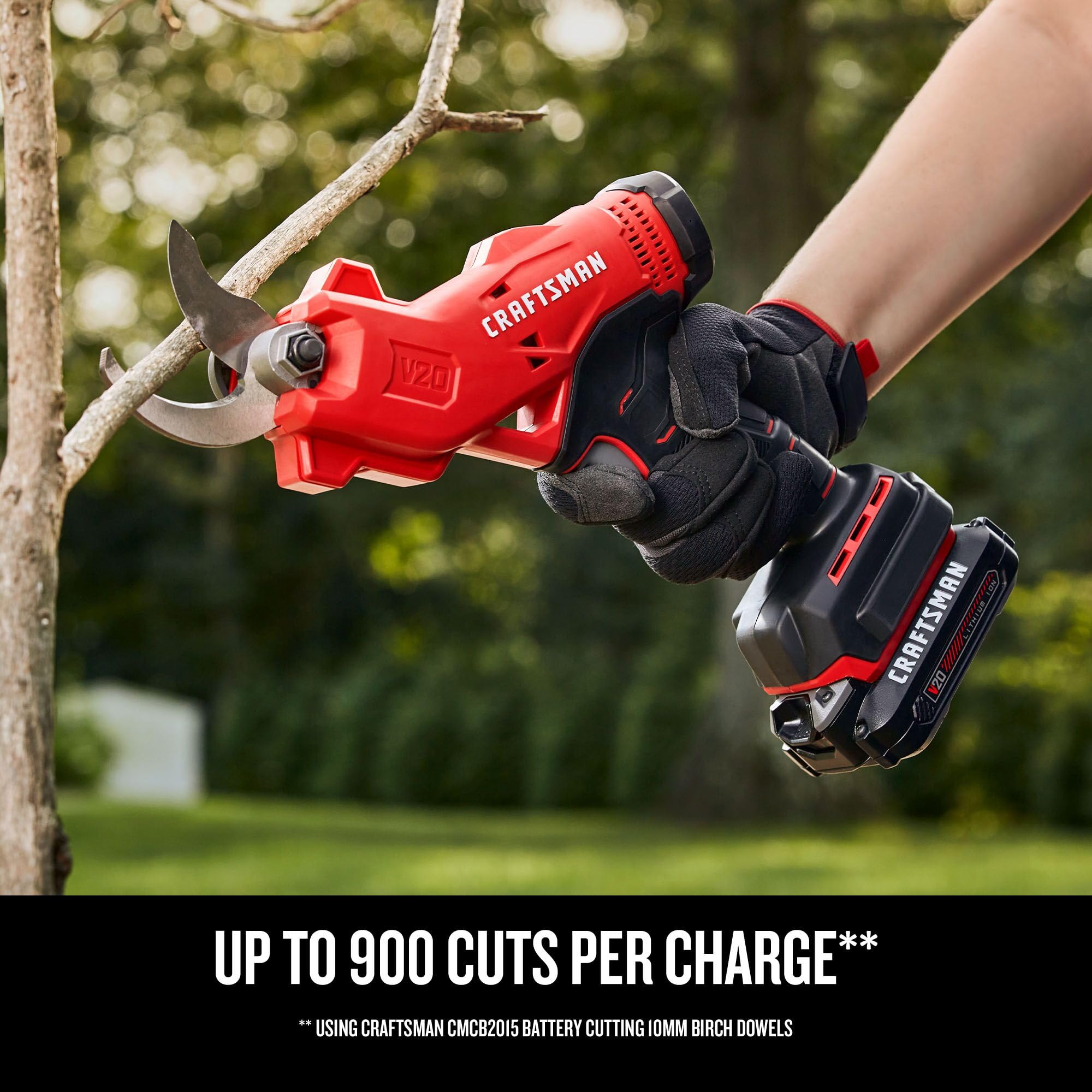 CRAFTSMAN V20 pruner cutting at one cut per second for efficient work.