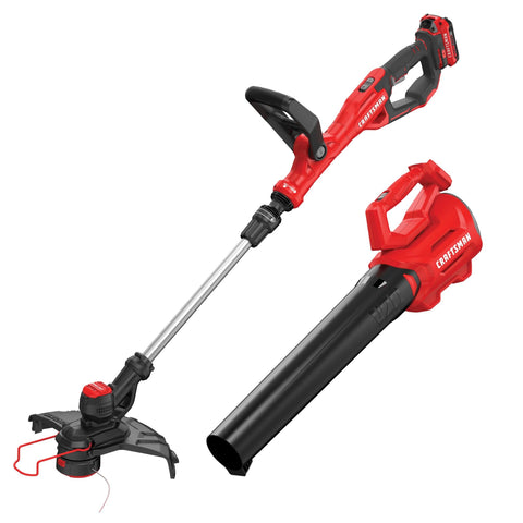 Craftsman V20 weed wacker in action showing 13-inch cutting path for quick edging