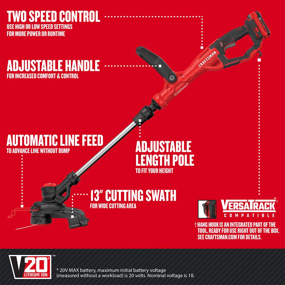 CRAFTSMAN V20 automatic line feed maintains steady trimming without manual bumps.