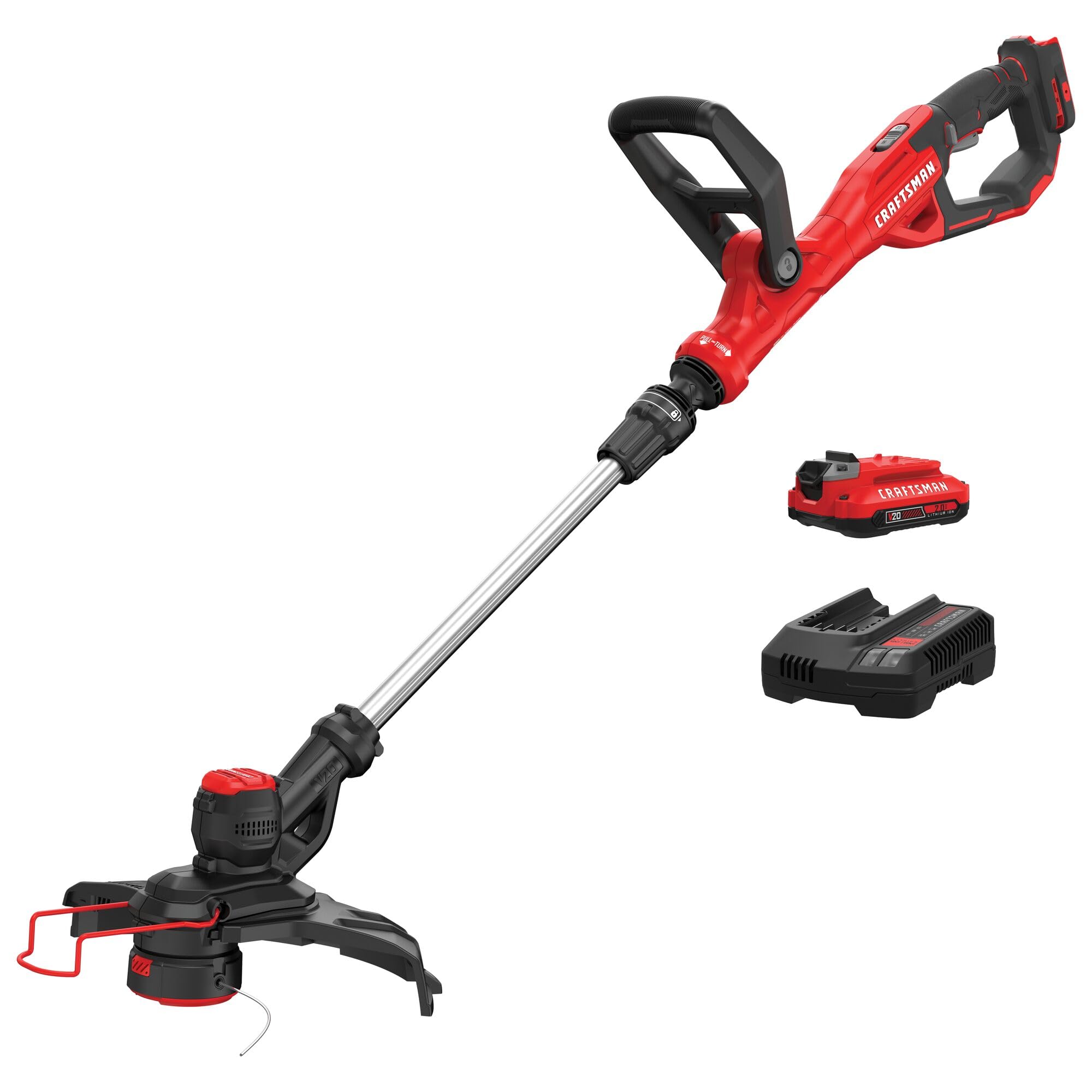 CRAFTSMAN V20 weed wacker with battery in use for precise cordless trimming.