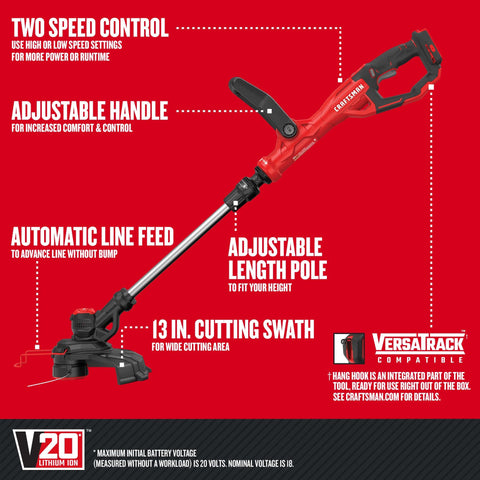 Craftsman V20 WeedWacker shown with ergonomic adjustable pole for easy edging