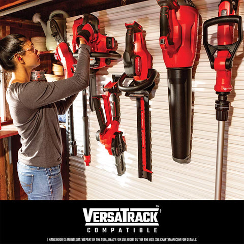 CRAFTSMAN V20 versatrack hook keeps the tool organized on a wall.