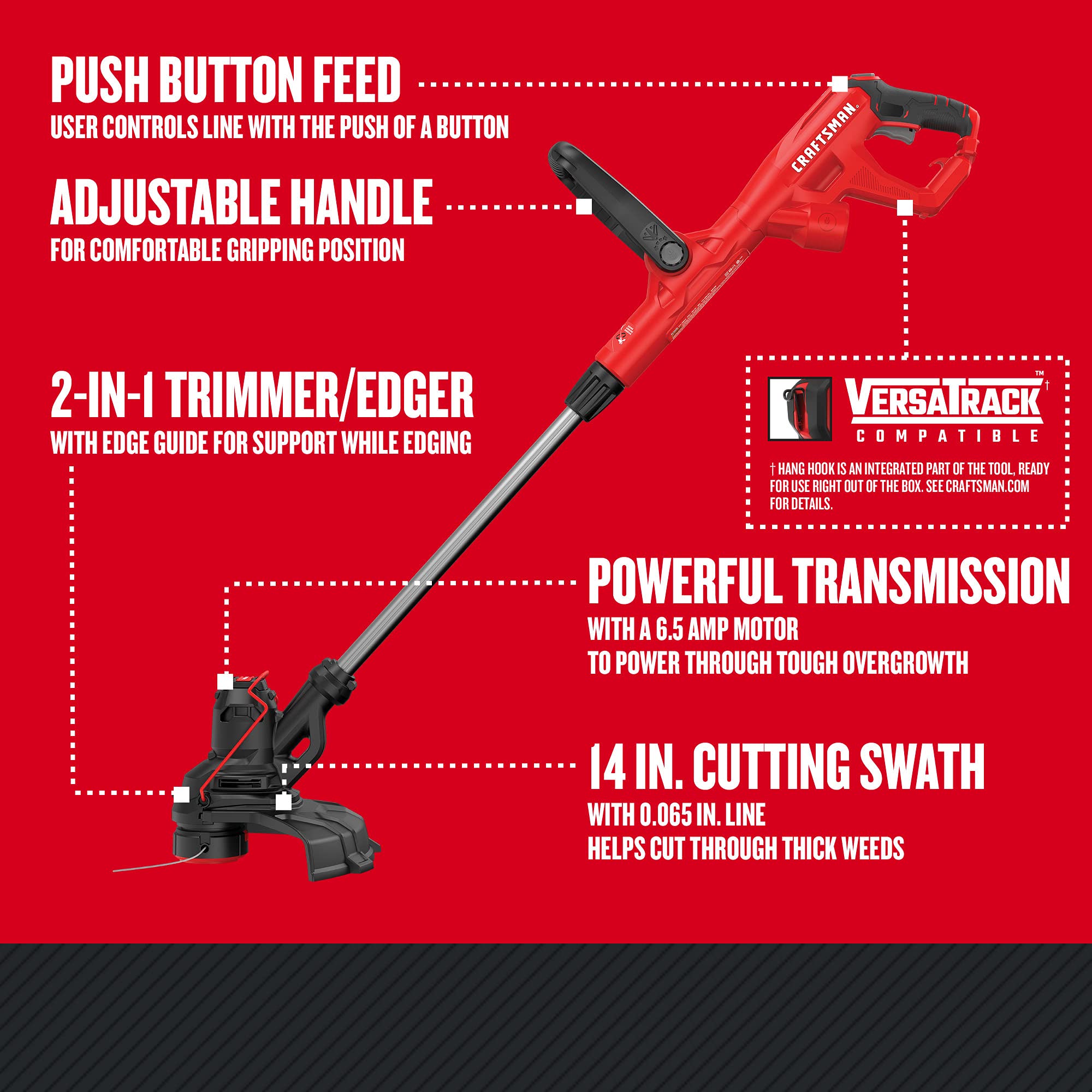 Craftsman WEEDWACKER CMEST913 push-button feed in action for controlled line length.
