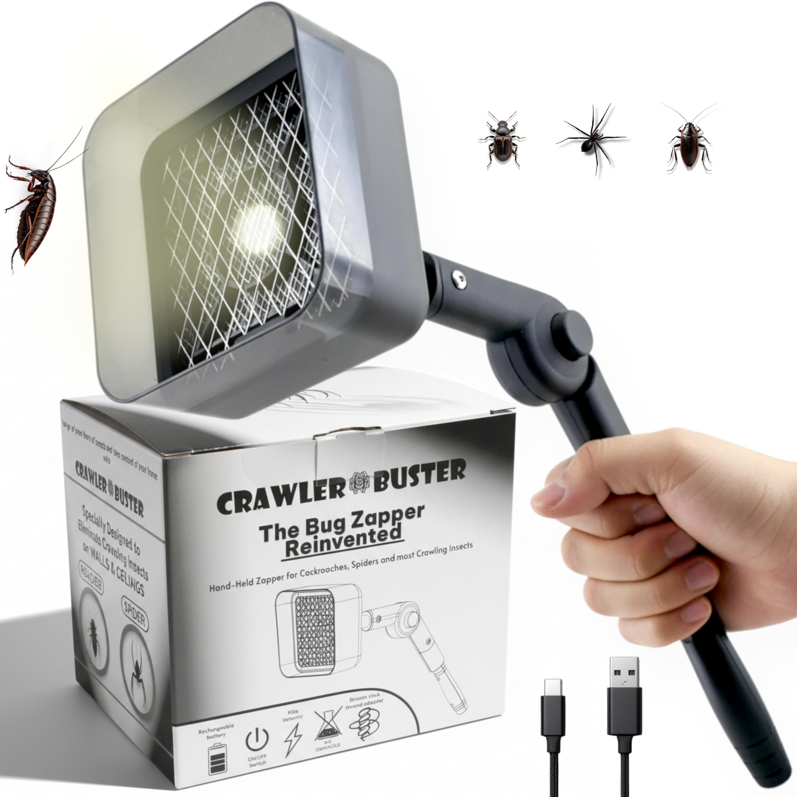 Crawler Buster handheld zapper on wall targets pests quickly.