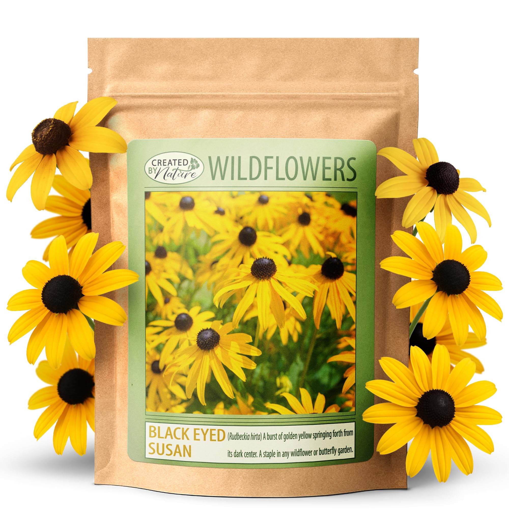 Created By Nature Black-Eyed Susan seeds packet showing bright blooms for sunny borders.