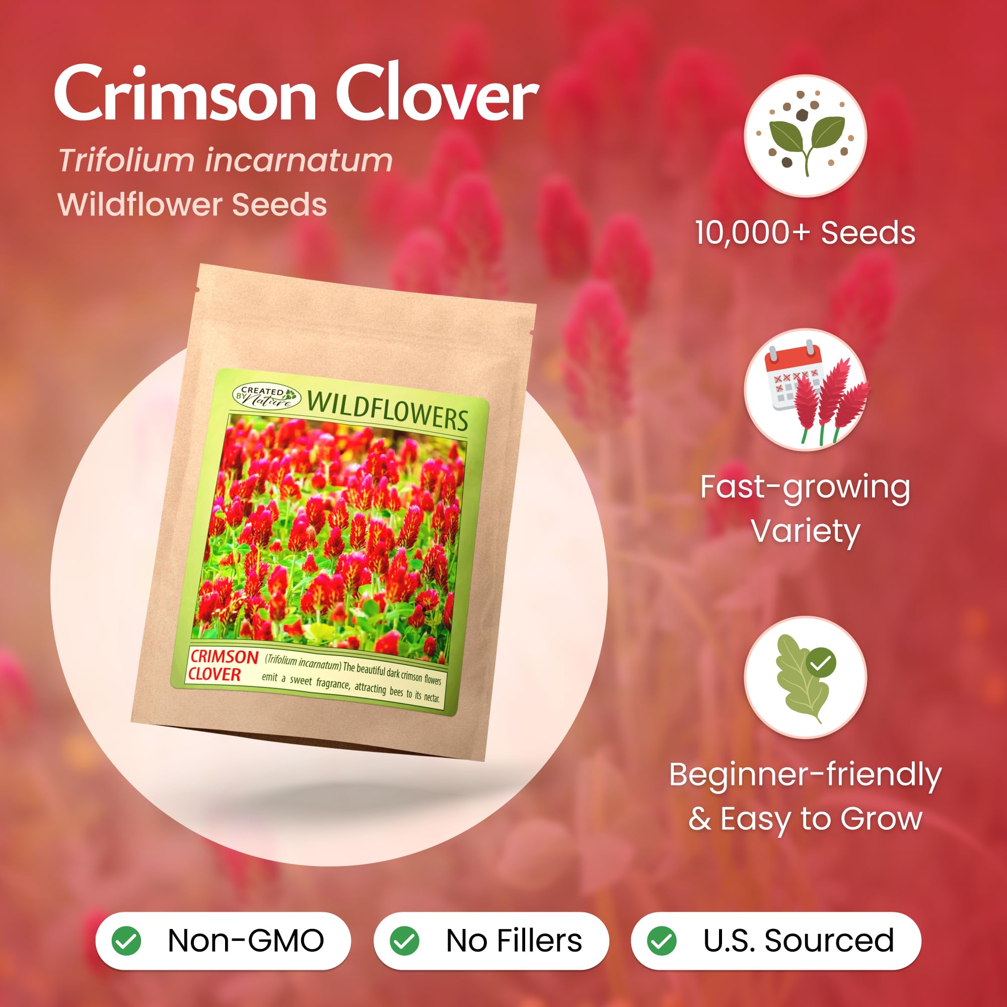 Created By Nature Crimson Clover seeds bag open reveals premium, non-GMO seeds.
