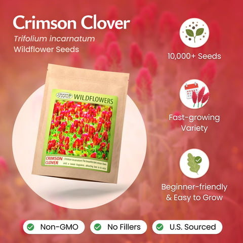 Created By Nature Crimson Clover seeds bag open reveals premium, non-GMO seeds.