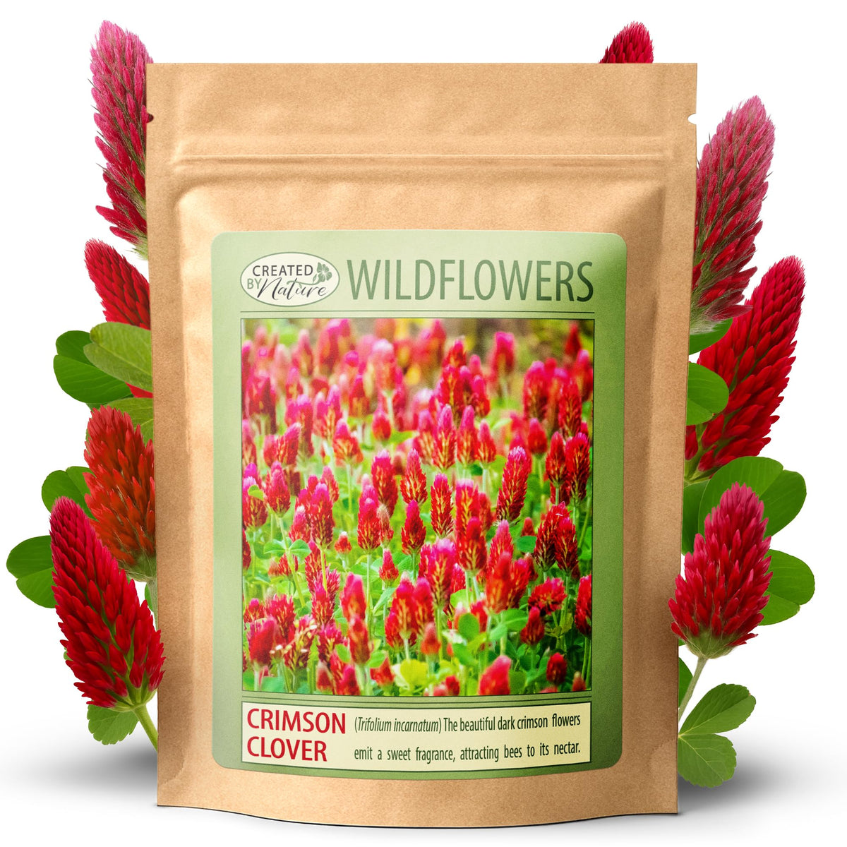 Created By Nature Crimson Clover seeds pack front for vibrant borders.