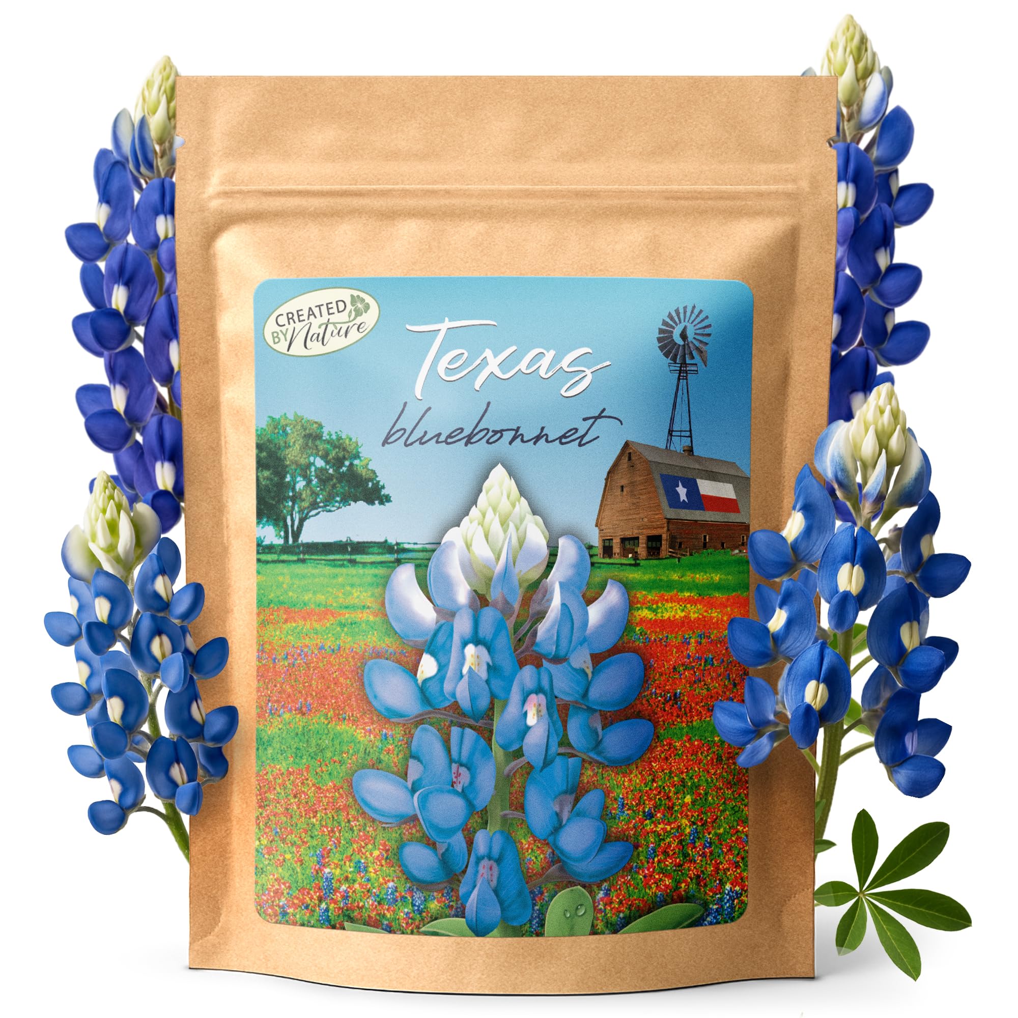 Created By Nature Texas Bluebonnet seeds bag ready for sunny garden planting to attract pollinators