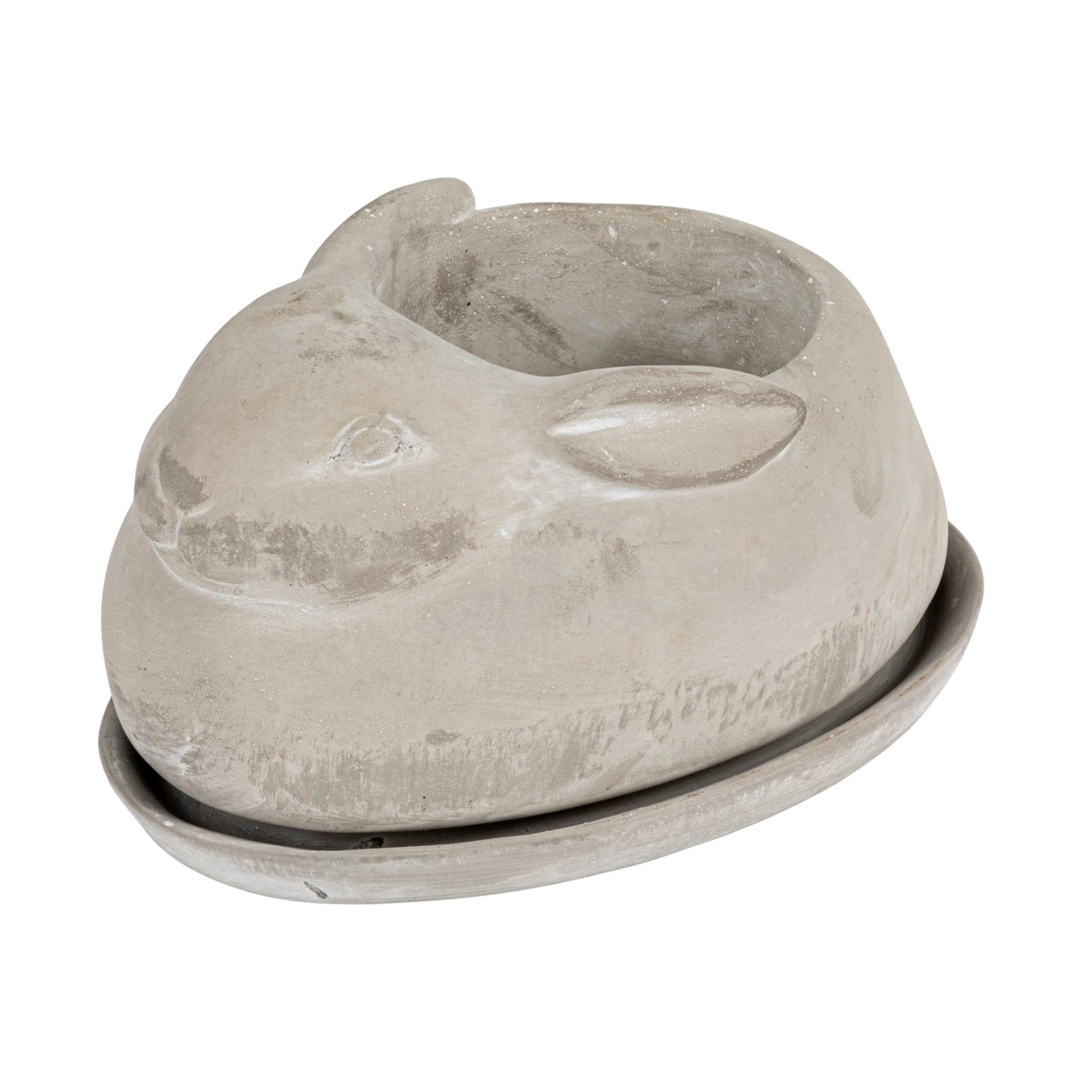 Creative Co-Op cement rabbit planter with saucer, side view adds whimsy to patios.