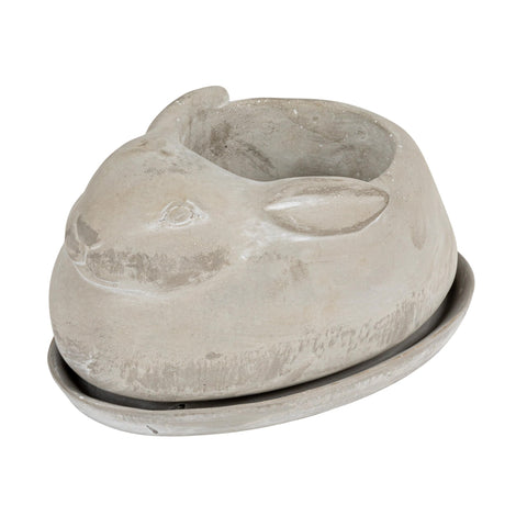 Creative Co-Op cement rabbit planter with saucer, side view adds whimsy to patios.