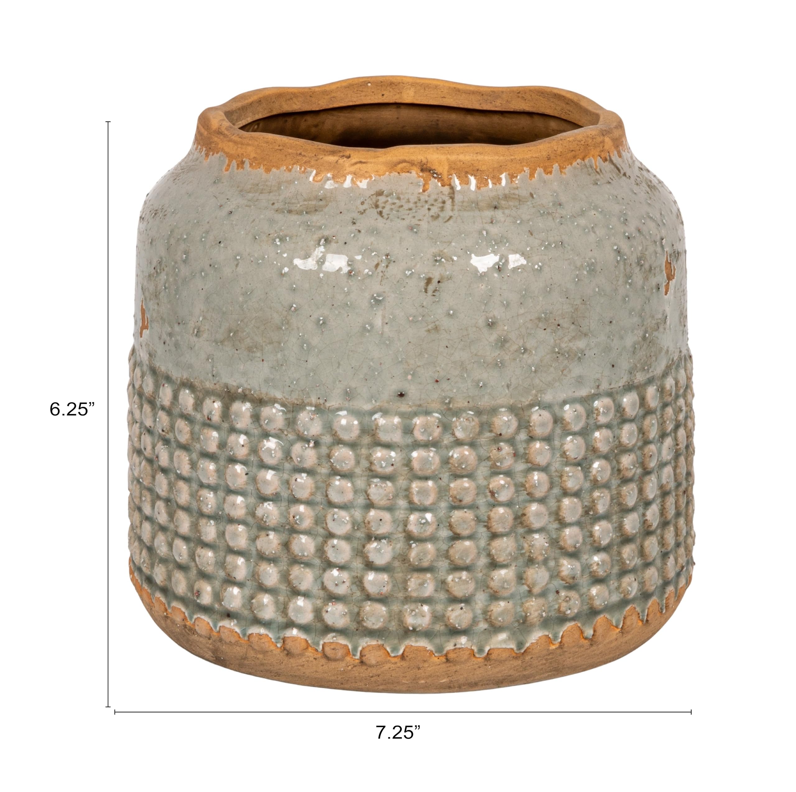 Creative Co-Op planter closeup highlights hobnail texture and weathered appeal.