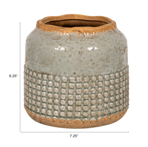 Creative Co-Op planter closeup highlights hobnail texture and weathered appeal.