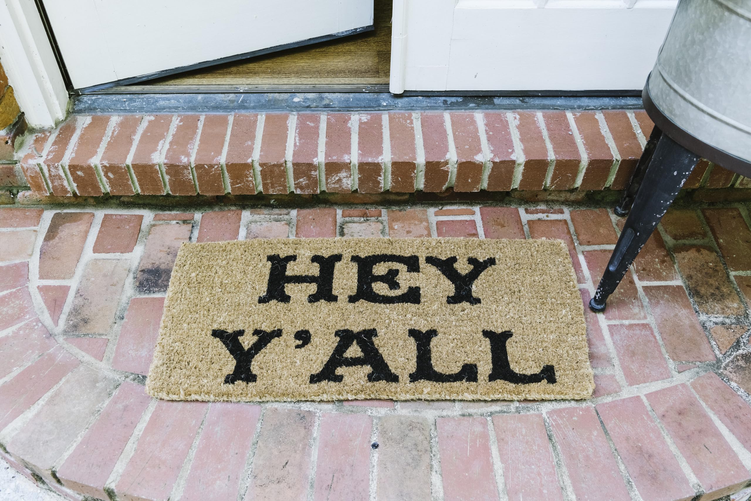 Creative Co-Op Hey Y'all Doormat outdoor porch use demonstrates weather-ready entry.