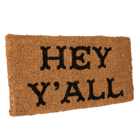 Creative Co-Op Hey Y'all Doormat texture close-up shows natural coir durability.