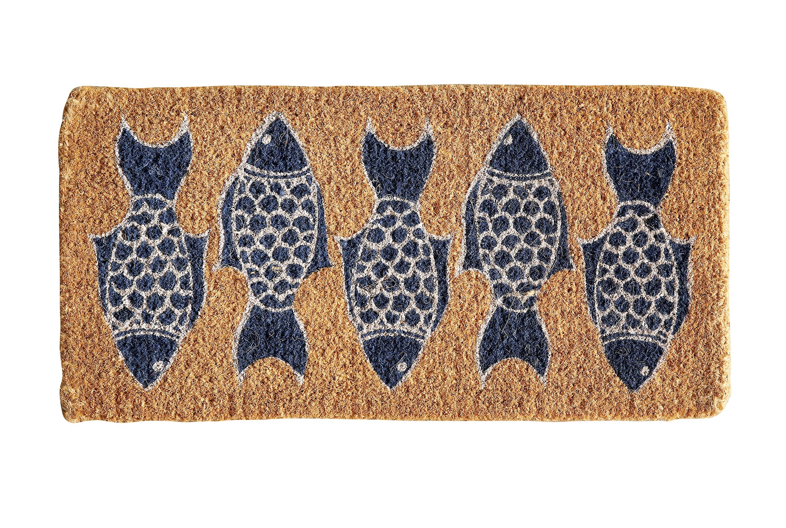 Creative Co-Op natural coir doormat with five blue fish, ideal for welcoming guests outdoors.