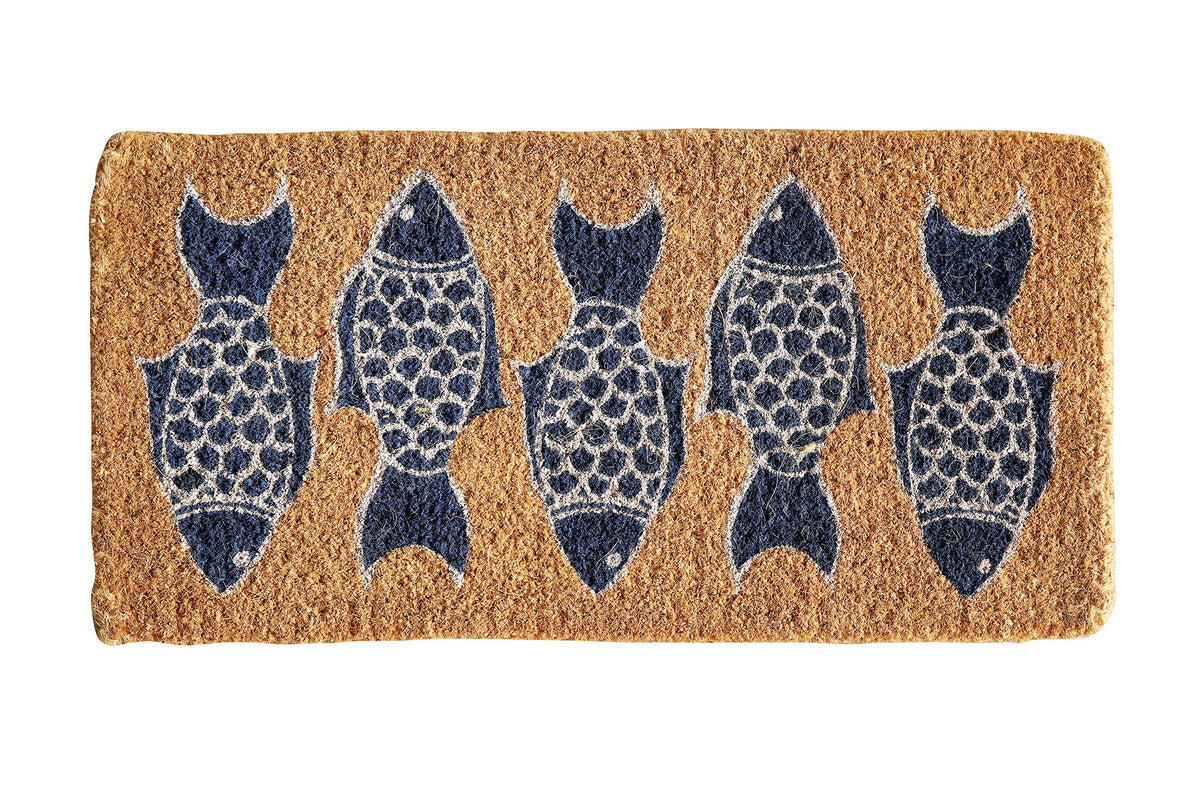 Creative Co-Op natural coir doormat with five blue fish, ideal for welcoming guests outdoors.