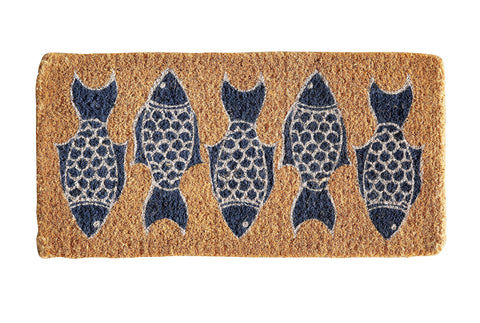 Creative Co-Op natural coir doormat with five blue fish, ideal for welcoming guests outdoors.