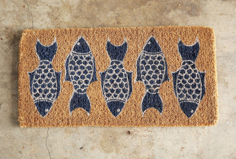 Creative Co-Op doormat with fish pattern full view, enhances entryways with coastal charm.