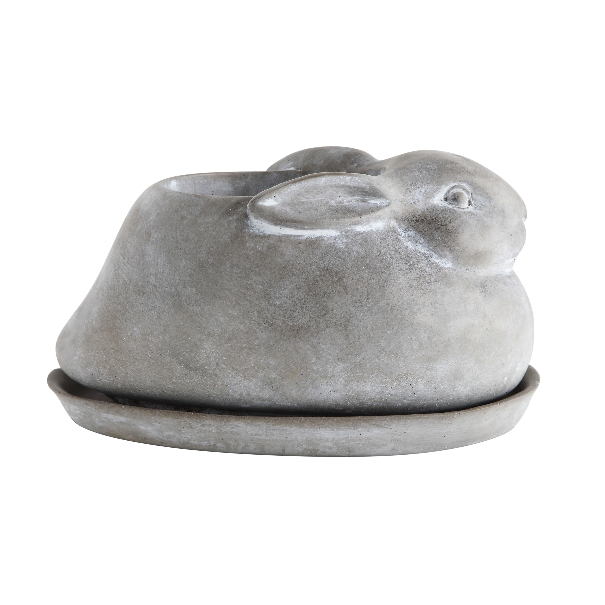 Creative Co-Op rabbit planter with saucer neatly holds a 4-inch pot.