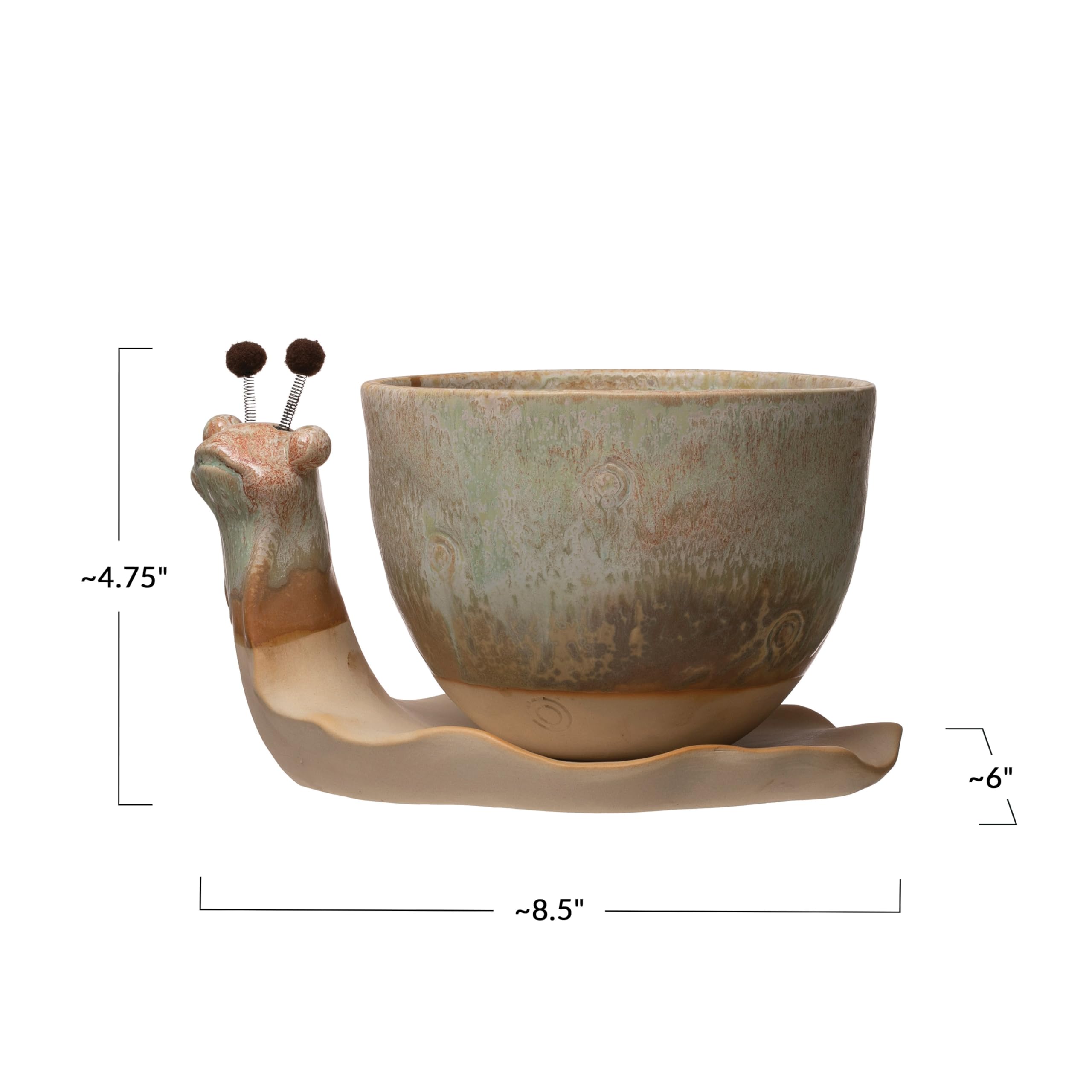 Stoneware snail planter showcases reactive glaze with unique variations