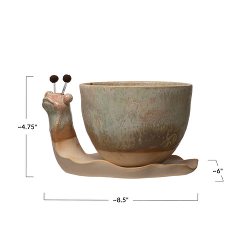 Stoneware snail planter showcases reactive glaze with unique variations