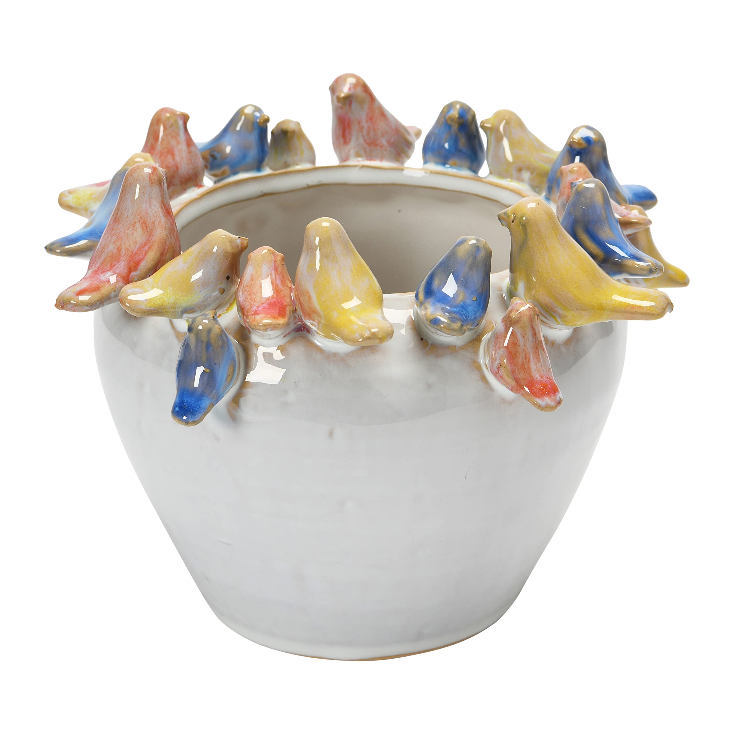 Creative Co-Op stoneware planter with birds on rim adds vibrant decorative charm.