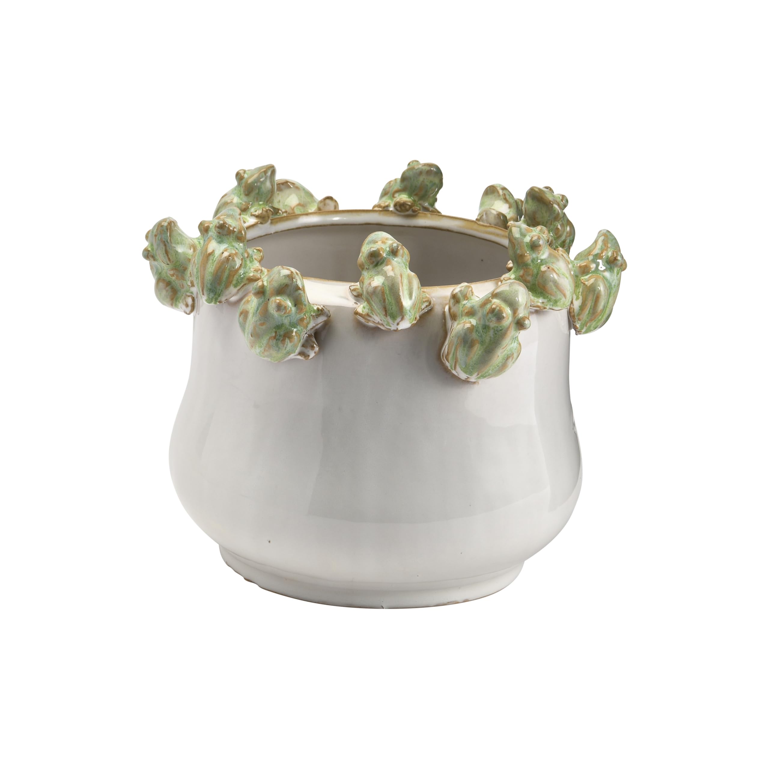 Creative Co-Op stoneware planter with frogs on rim enhances shelves with whimsical charm