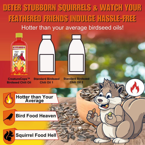 CreatureCops Spicy Seed Oil bottle close-up highlighting natural ingredients for birds.