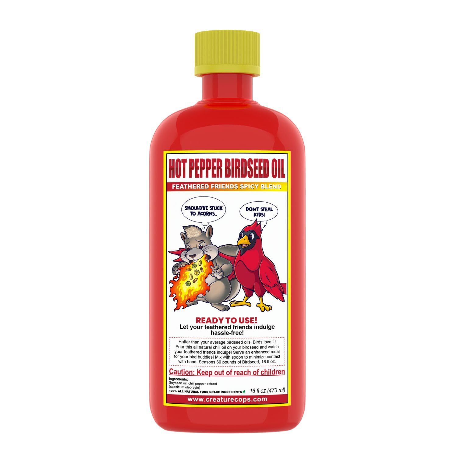 CreatureCops Spicy Squirrel Seed Sauce bottle pouring over seeds to attract birds and deter squirrels.