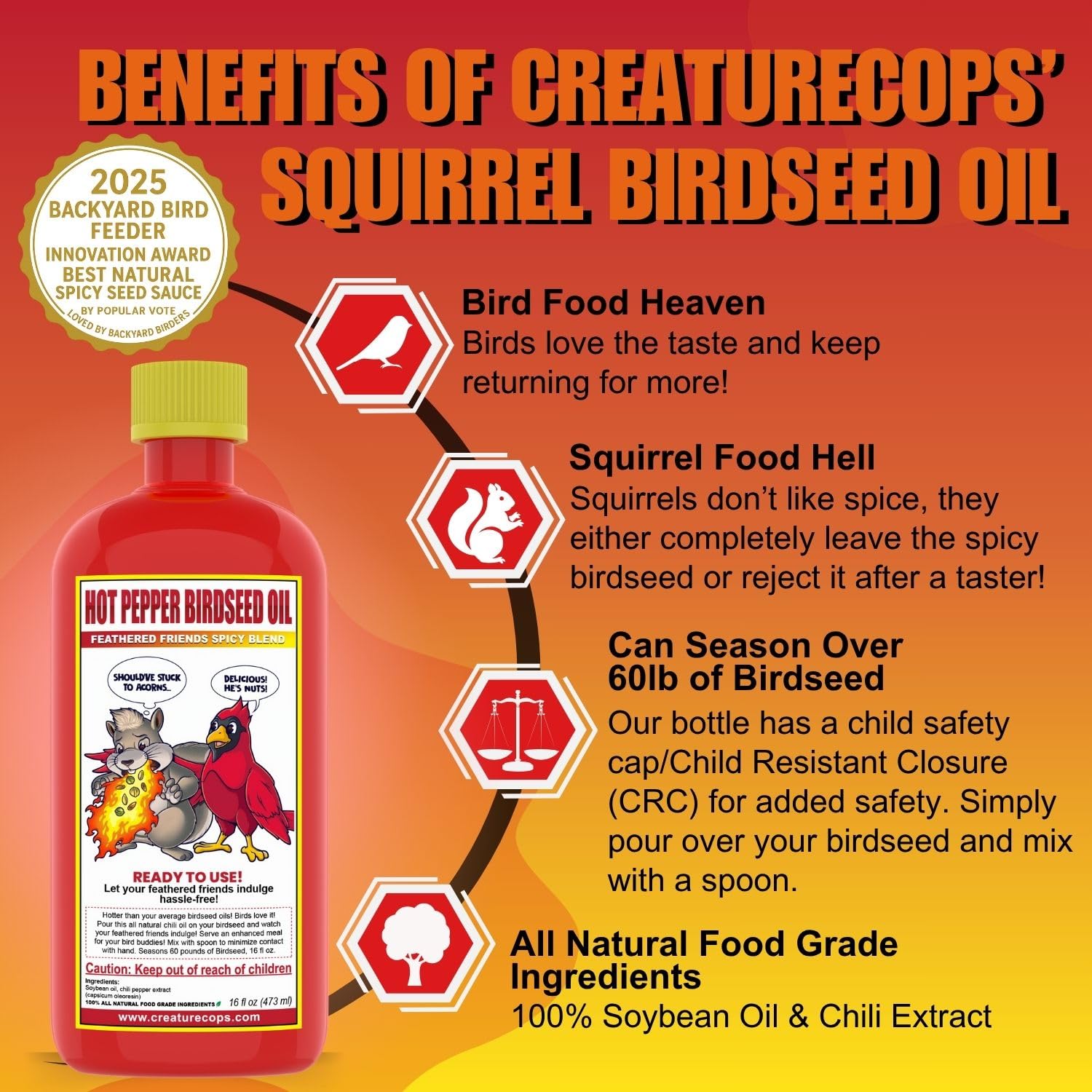 CreatureCops Spicy Squirrel Seed Sauce coats seeds for birds with a spicy kick.