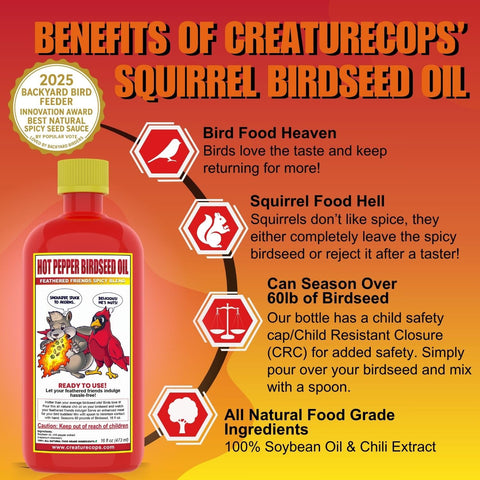 CreatureCops Spicy Squirrel Seed Sauce coats seeds for birds with a spicy kick.
