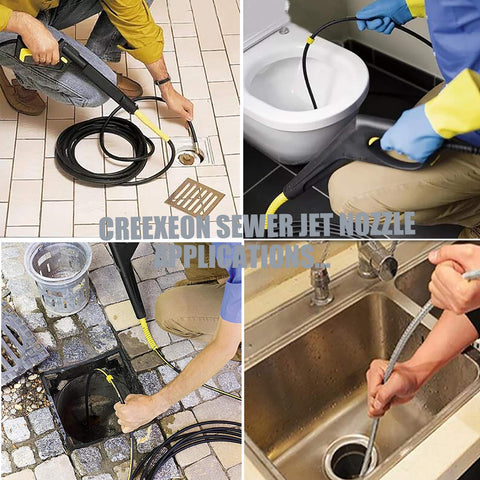 CREEXEON sewer nozzle in action at high pressure to flush blockages.