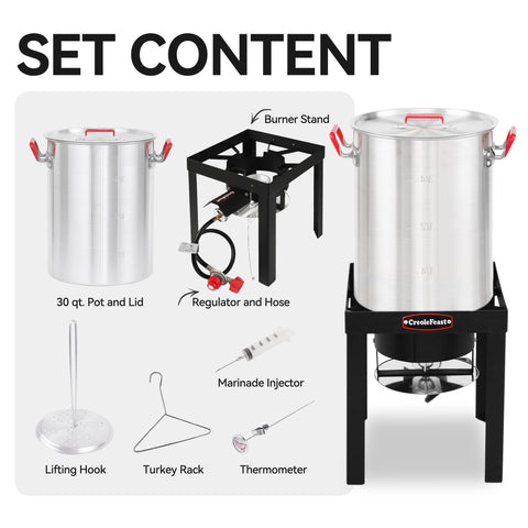 Creole Feast TFS3000L lifting hook enables safe turkey transfer.