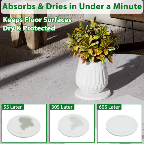 Creproly white plant saucer under pot protecting countertops from water splashes.