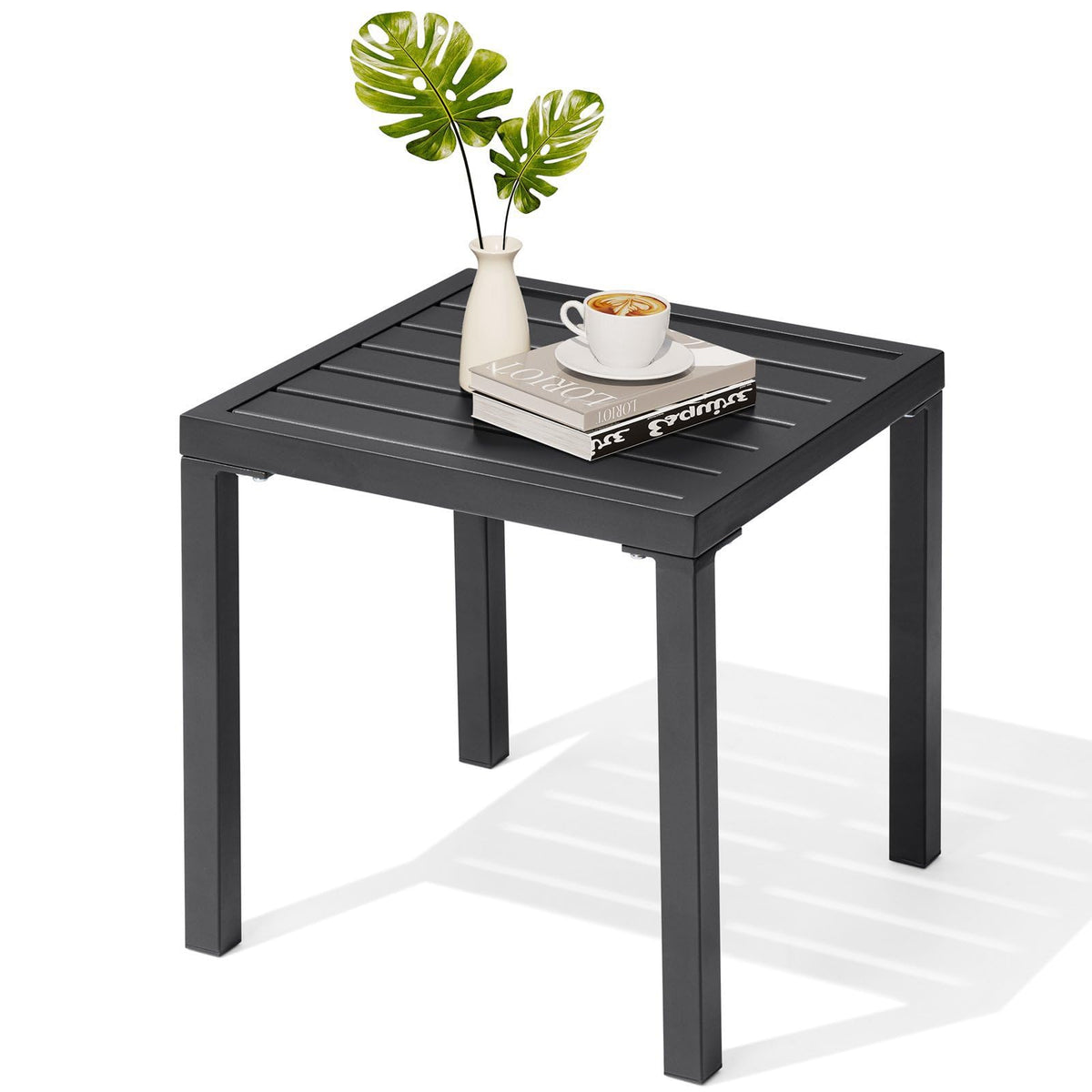 Crestlive Products outdoor side table in black square, front view, ideal for poolside use.
