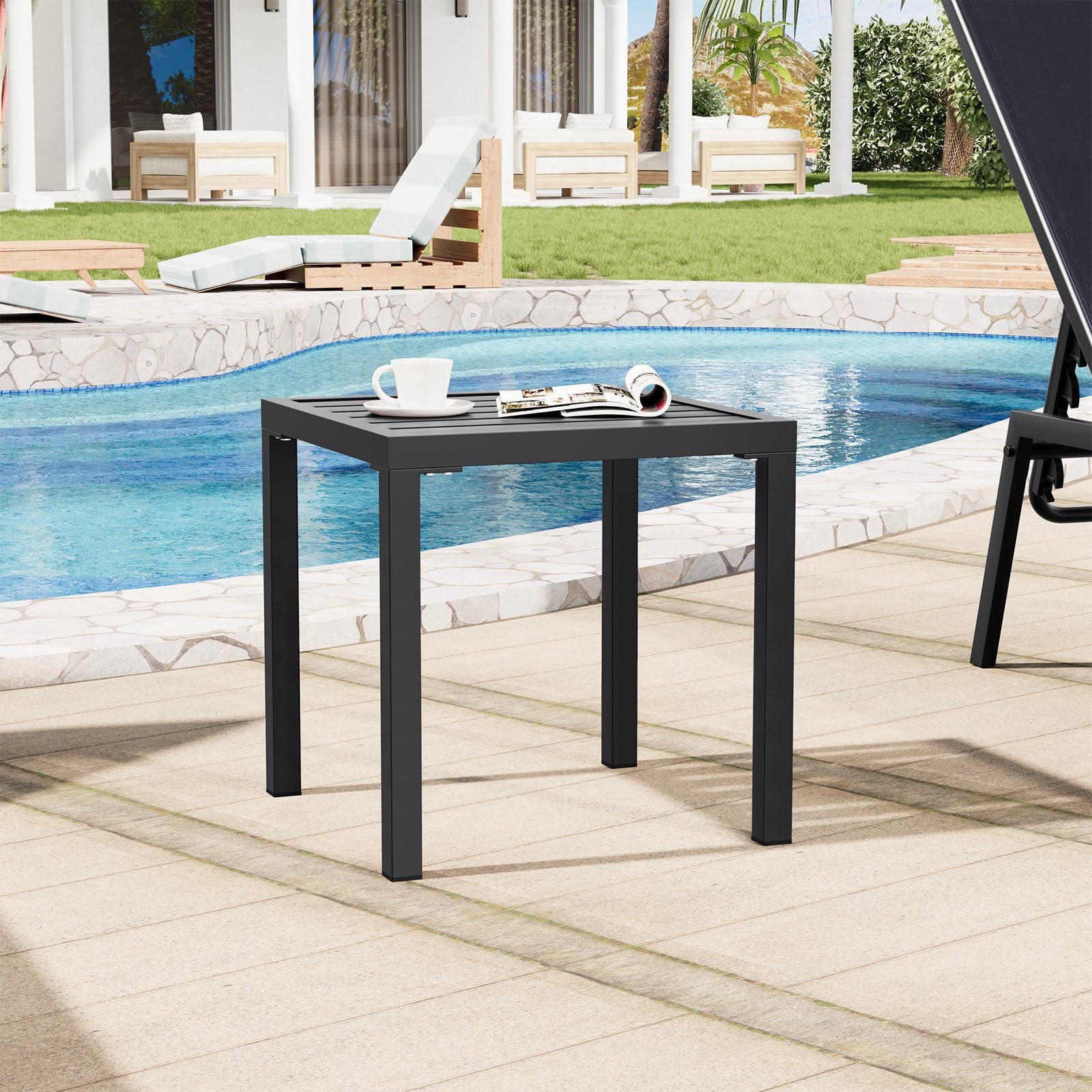 Crestlive outdoor side table, side view, sturdy metal frame supports drinks.