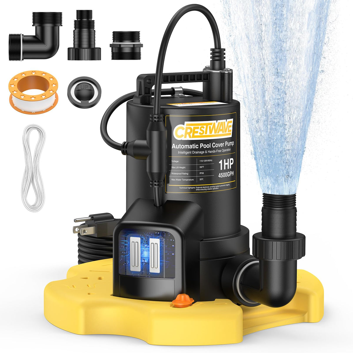 CRESTWAVE pool cover pump delivers up to 4500 GPH for fast water removal.