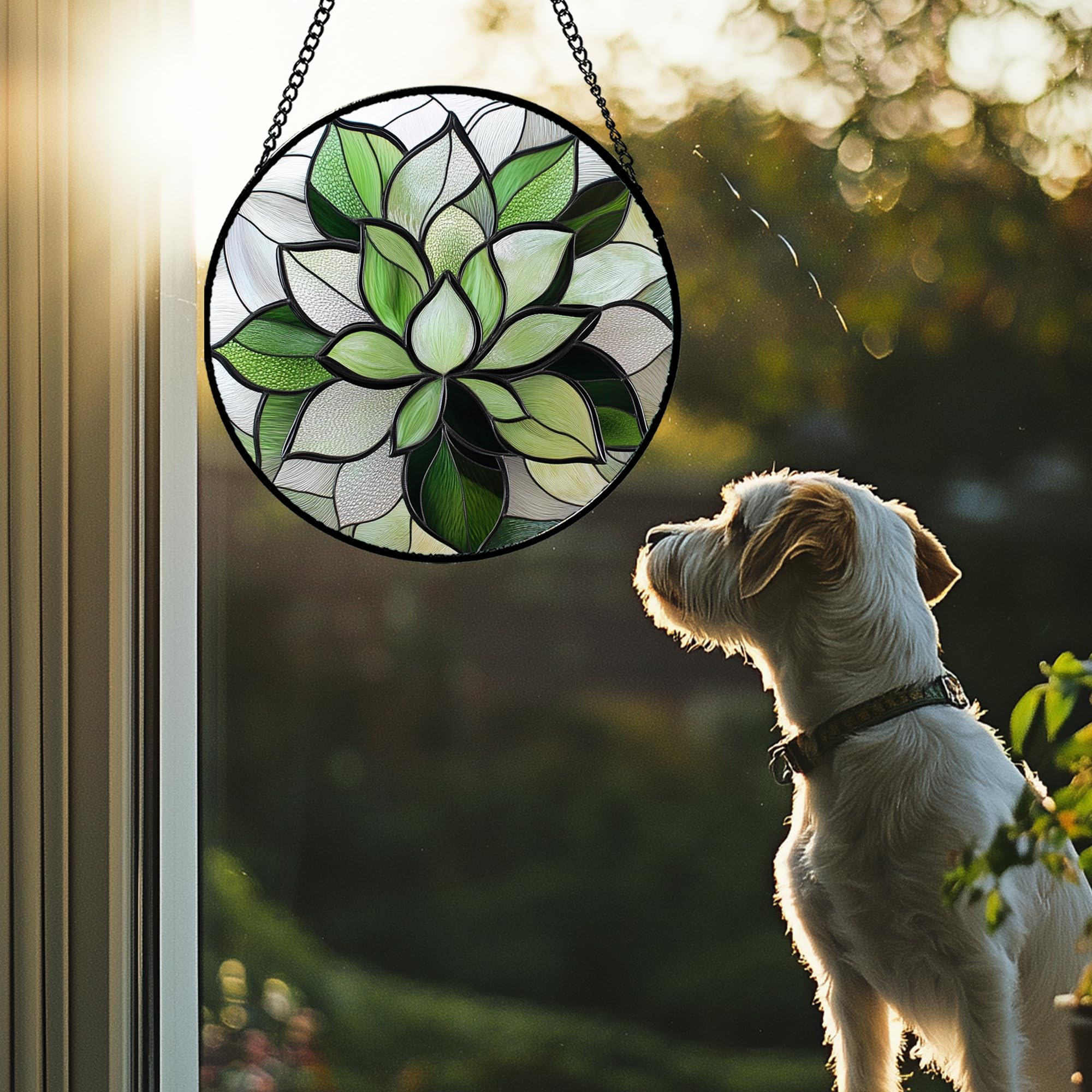 CRISGIF Green Lotus Suncatcher in window light fills rooms with soft colorful glow