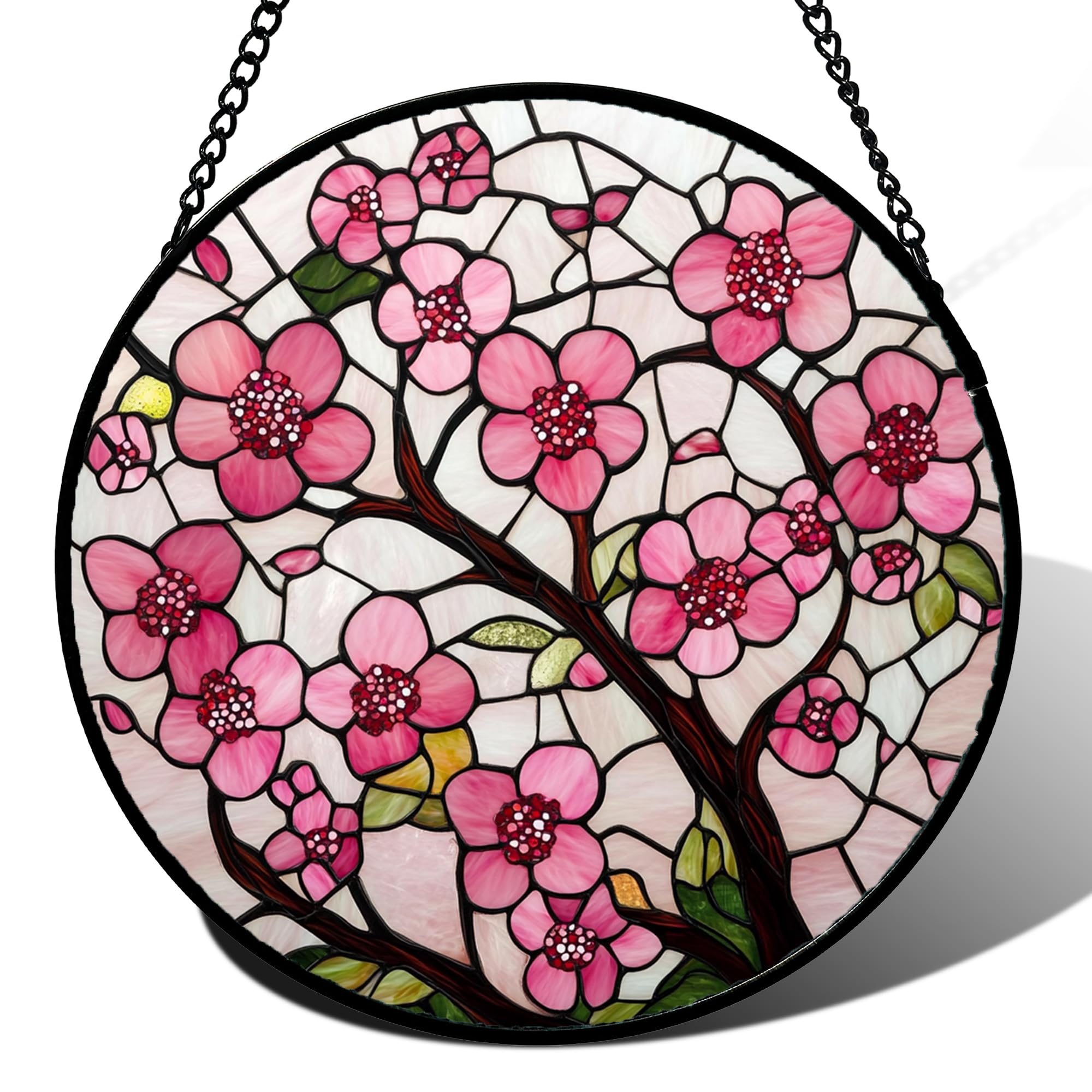 CRISGIF cherry blossoms stained glass window hanging brightens windows with colorful light.